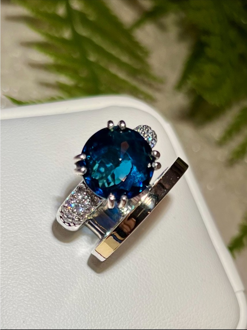 Designer 14 karat gold and 925 sterling silver, London blue topaz statement ring